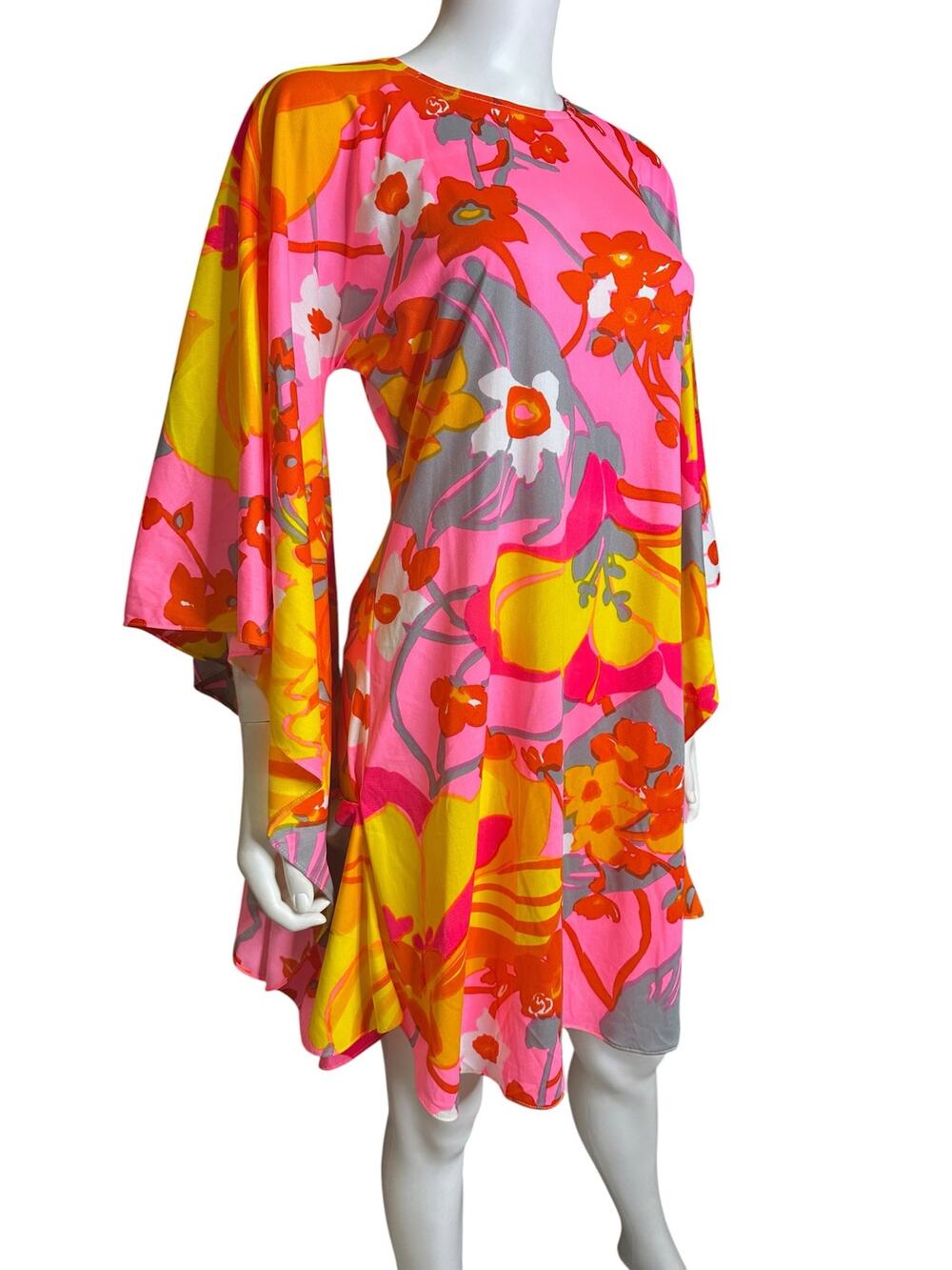 Custom 70s Psychedelic Flower Power Mini Caftan | Circle Sleeve High Neck | S/M